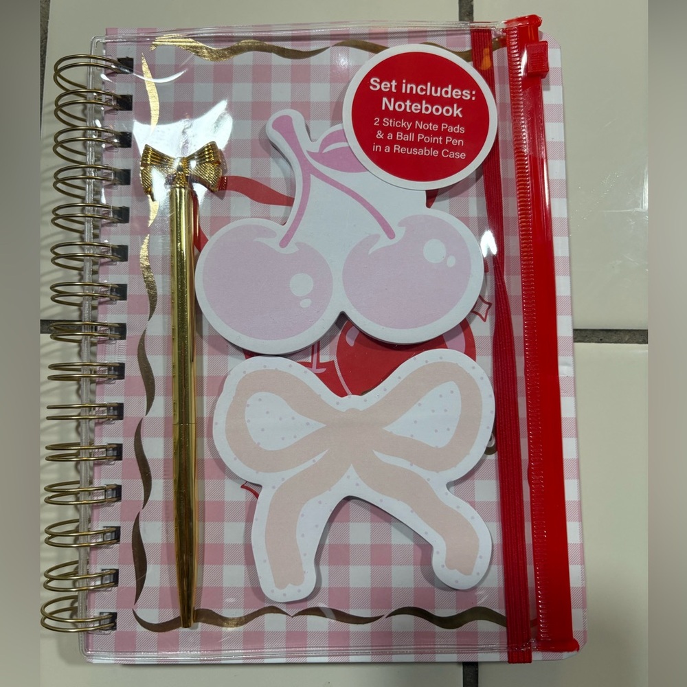 Pink and Red Notebook Set with Cherry and Bow Sticky Notes